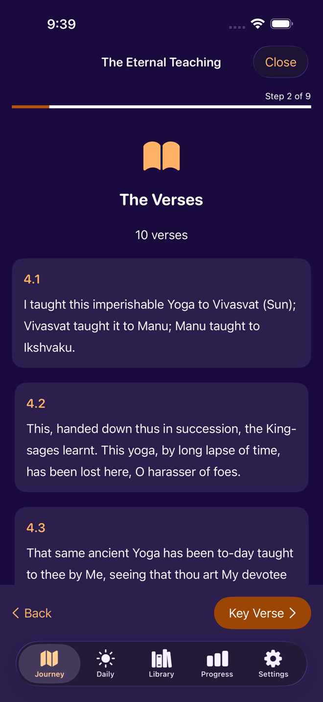 A Bhagavad Gita verse lesson with Sanskrit text and translation